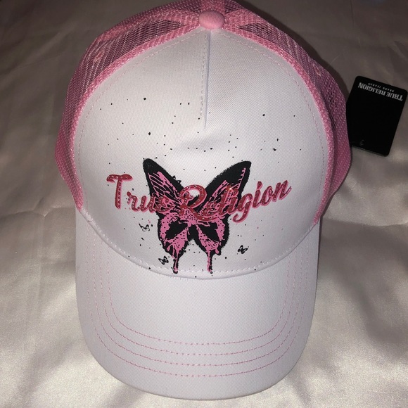 True Religion Optic White & Pink Mesh Butterfly Trucker Hat Rhinestone OS NWT main image 10